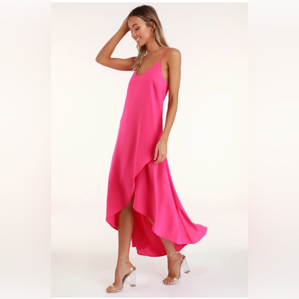 Lulu’s Sweet Surprise Bright Pink High-Low Maxi Dress, Size S